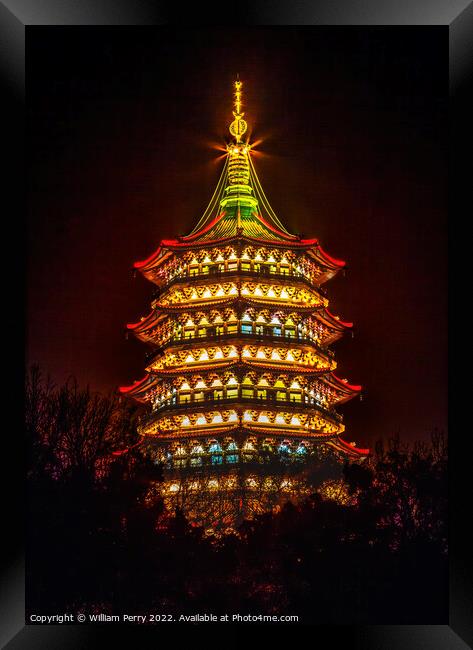 Ancient Lei Feng Pagoda Night West Lake Hangzhou Zhejiang China Framed Print by William Perry