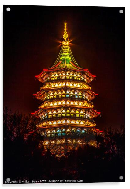 Ancient Lei Feng Pagoda Night West Lake Hangzhou Zhejiang China Acrylic by William Perry