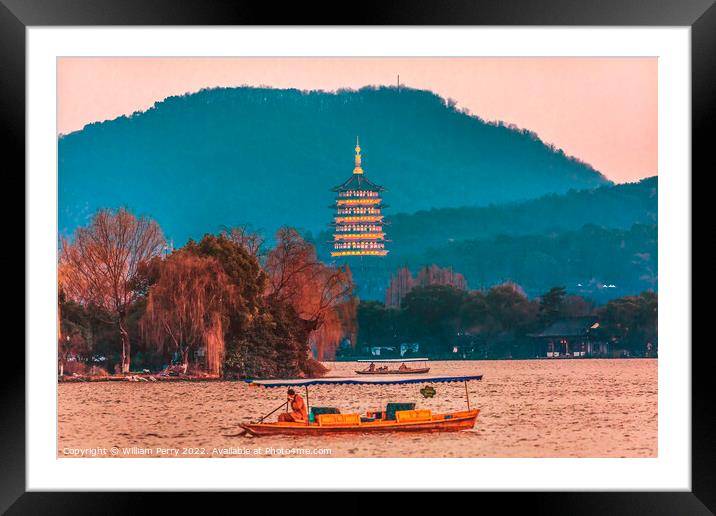 Leifeng Pagoda Boats West Lake Hangzhou Zhejiang China Framed Mounted Print by William Perry