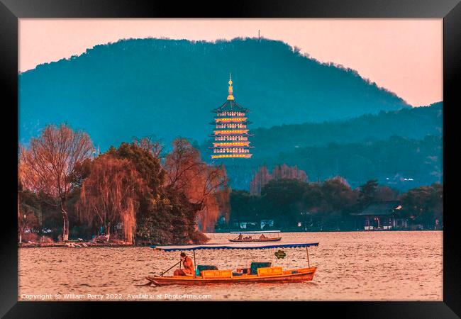 Leifeng Pagoda Boats West Lake Hangzhou Zhejiang China Framed Print by William Perry