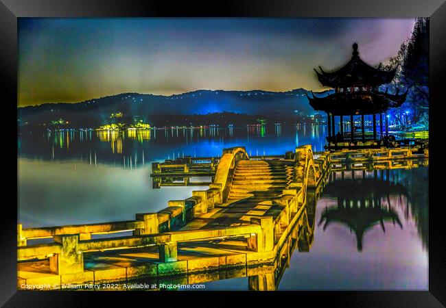 Old Chinese Pagoda West Lake Reflection Hangzhou Zhejiang China Framed Print by William Perry