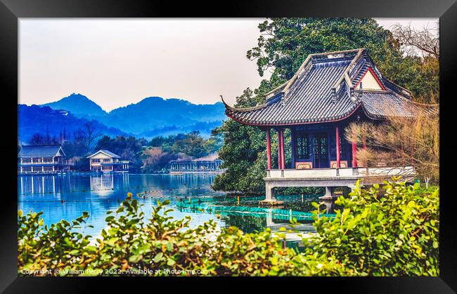 Old Chinese Pavilion West Lake Hangzhou Zhejiang China Framed Print by William Perry