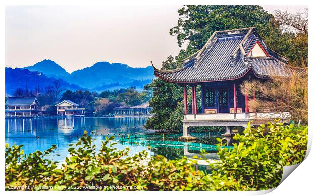 Old Chinese Pavilion West Lake Hangzhou Zhejiang China Print by William Perry