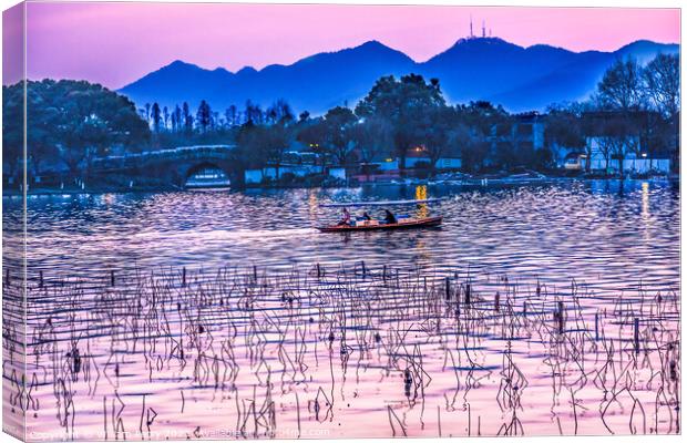 Pink Reflection Sunset West Lake Reflection Hangzhou China Canvas Print by William Perry