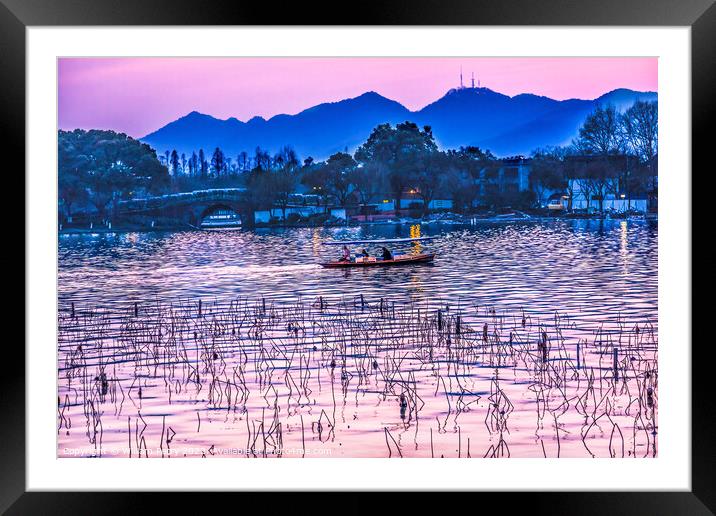Pink Reflection Sunset West Lake Reflection Hangzhou China Framed Mounted Print by William Perry