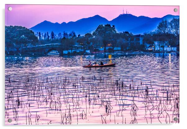 Pink Reflection Sunset West Lake Reflection Hangzhou China Acrylic by William Perry