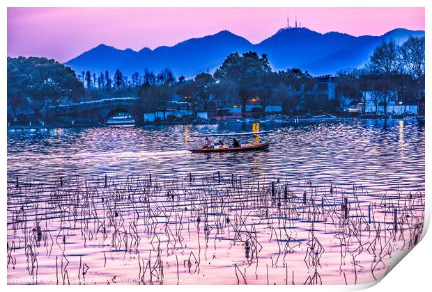Pink Reflection Sunset West Lake Reflection Hangzhou China Print by William Perry