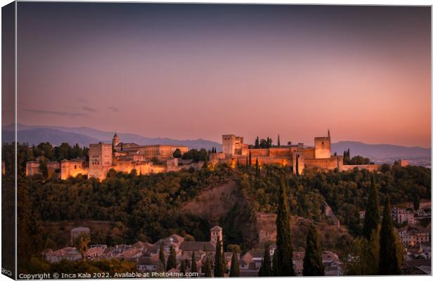 Sundown at The Alhambra Palace - Granada, Spain. Canvas Print by Inca Kala