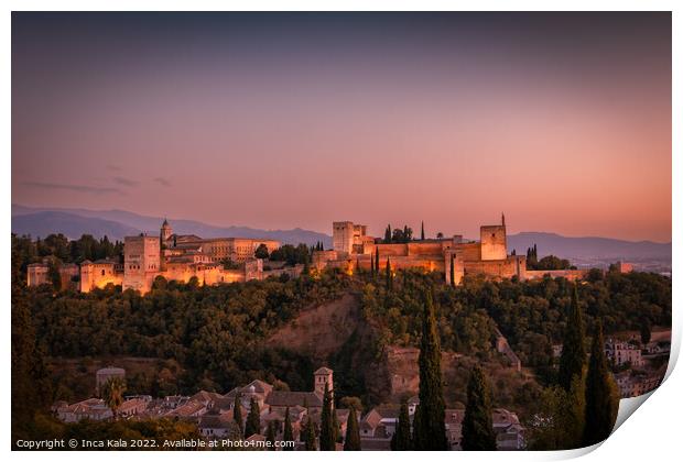 Sundown at The Alhambra Palace - Granada, Spain. Print by Inca Kala