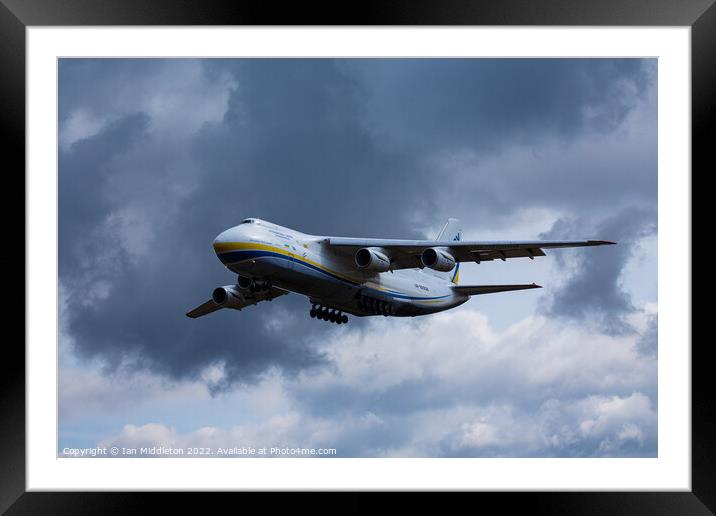 Antonov AN-124 cargo plane landing at Ljubljana Joze Pucnik Airp Framed Mounted Print by Ian Middleton