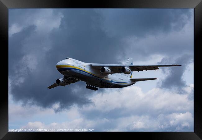 Antonov AN-124 cargo plane landing at Ljubljana Joze Pucnik Airp Framed Print by Ian Middleton