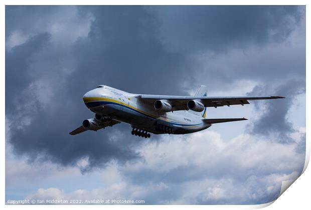Antonov AN-124 cargo plane landing at Ljubljana Joze Pucnik Airp Print by Ian Middleton