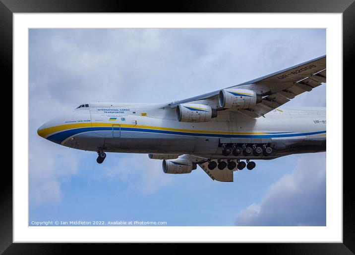 Antonov AN-124 cargo plane landing at Ljubljana Joze Pucnik Airport Framed Mounted Print by Ian Middleton