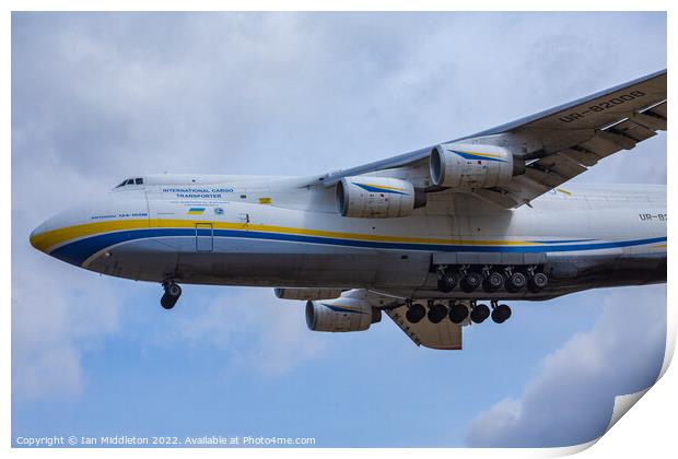 Antonov AN-124 cargo plane landing at Ljubljana Joze Pucnik Airport Print by Ian Middleton