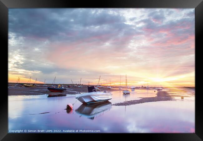 Brancaster Staithe boat harbour at sunrise in Norfolk UK Framed Print by Simon Bratt LRPS