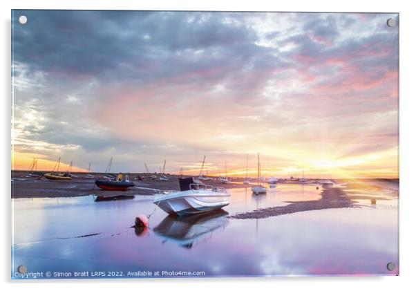 Brancaster Staithe boat harbour at sunrise in Norfolk UK Acrylic by Simon Bratt LRPS