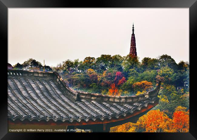 Ancient Tiled Roof Baochu Pagoda West Lake Hangzhou Zhejiang Chi Framed Print by William Perry