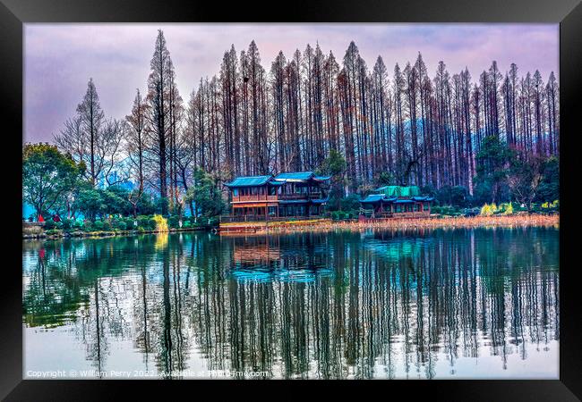 Old Chinese Pavilion Trees West Lake Hangzhou China Framed Print by William Perry