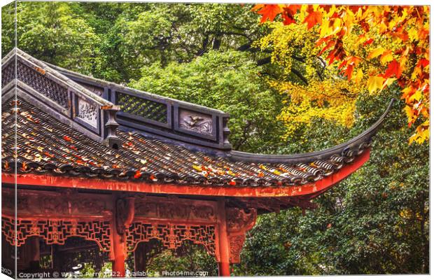 Ancient Chinese Roof Autumn Leaves West Lake Hangzhou China Canvas Print by William Perry