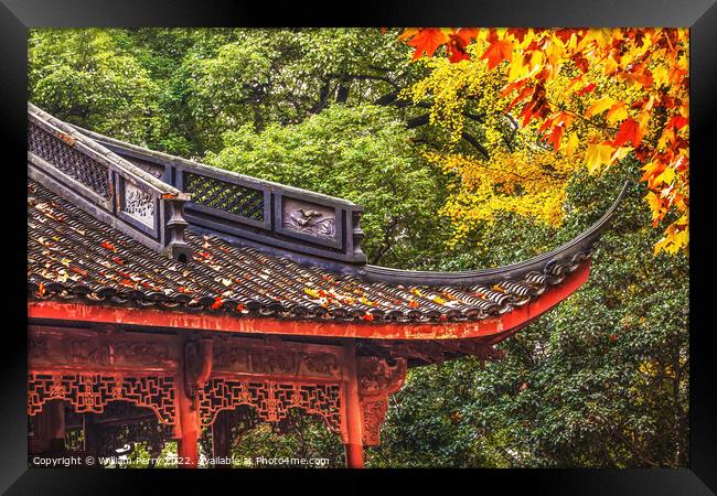 Ancient Chinese Roof Autumn Leaves West Lake Hangzhou China Framed Print by William Perry