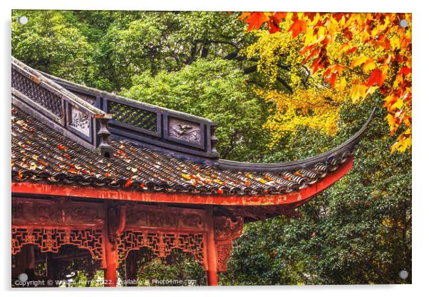 Ancient Chinese Roof Autumn Leaves West Lake Hangzhou China Acrylic by William Perry