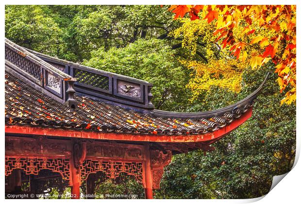 Ancient Chinese Roof Autumn Leaves West Lake Hangzhou China Print by William Perry
