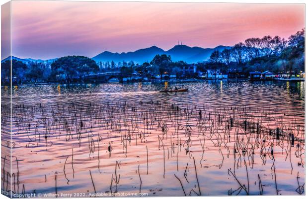 Boats Reflection Sunset West Lake Hangzhou China Canvas Print by William Perry