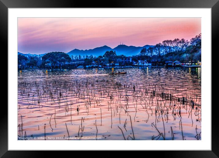 Boats Reflection Sunset West Lake Hangzhou China Framed Mounted Print by William Perry