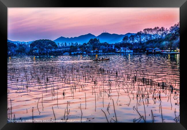 Boats Reflection Sunset West Lake Hangzhou China Framed Print by William Perry