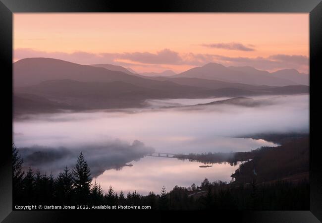 Loch Garry at Sunrise Scottish Highlands Framed Print by Barbara Jones