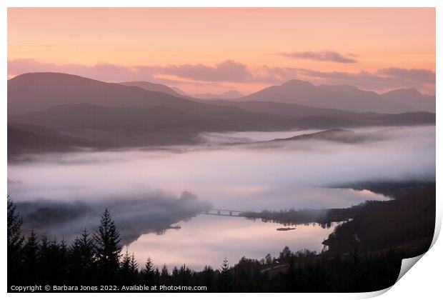 Loch Garry at Sunrise Scottish Highlands Print by Barbara Jones