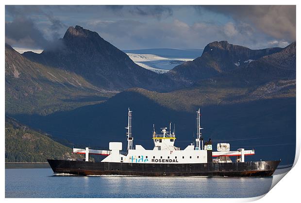 Ferry in front of svartisen glacier Print by Thomas Schaeffer