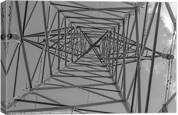 High voltage pylon vertical view in monochrome Canvas Print by Mark Draper