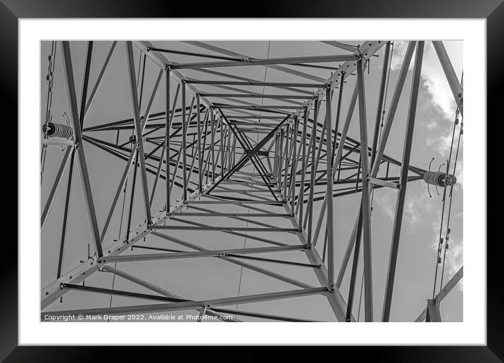 High voltage pylon vertical view in monochrome Framed Mounted Print by Mark Draper