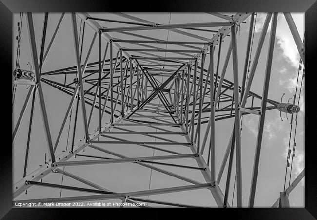High voltage pylon vertical view in monochrome Framed Print by Mark Draper