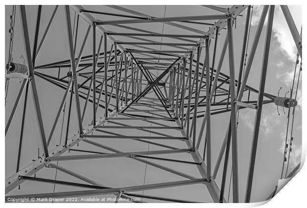 High voltage pylon vertical view in monochrome Print by Mark Draper