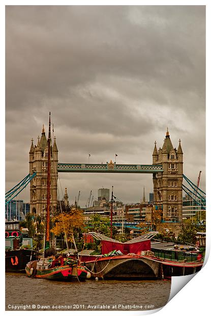 Tower Bridge and Barge Gardens Print by Dawn O'Connor