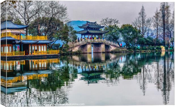 Old Chinese Bridge West Lake Reflection Hangzhou Zhejiang China Canvas Print by William Perry