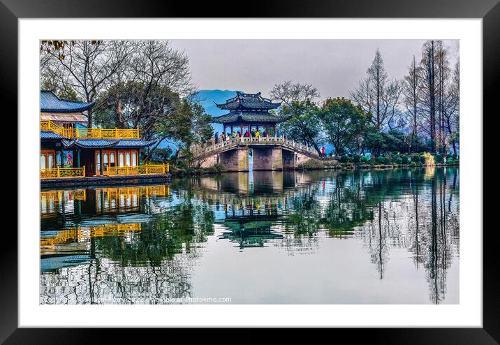 Old Chinese Bridge West Lake Reflection Hangzhou Zhejiang China Framed Mounted Print by William Perry