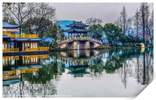 Old Chinese Bridge West Lake Reflection Hangzhou Zhejiang China Print by William Perry