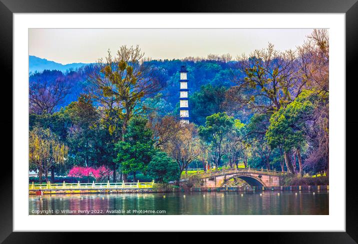 Old Chinese White Pagoda West Lake Hangzhou China Framed Mounted Print by William Perry