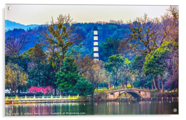 Old Chinese White Pagoda West Lake Hangzhou China Acrylic by William Perry