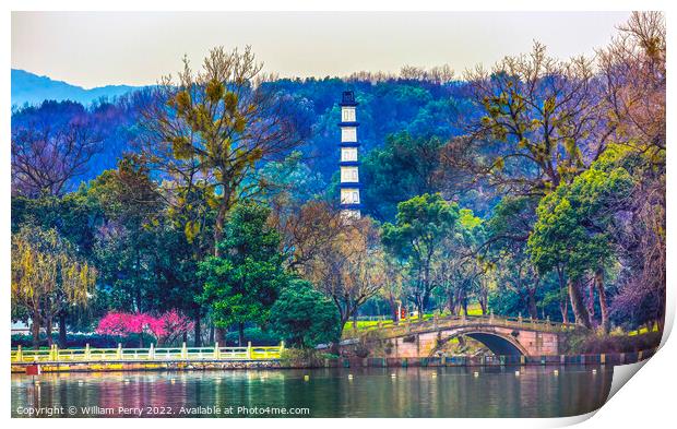 Old Chinese White Pagoda West Lake Hangzhou China Print by William Perry