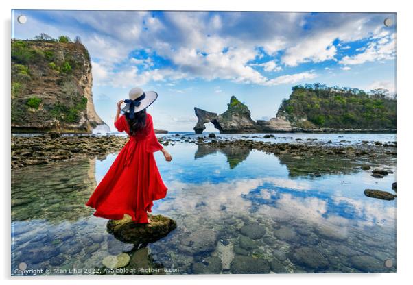Woman standing on the rock at Atuh beach, Nusa penida island Acrylic by Stan Lihai