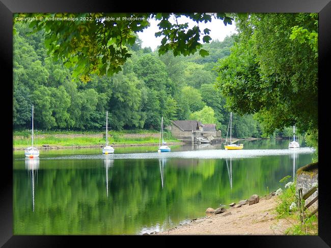 Reflection of yachts in water at Rudyard lake Framed Print by Andrew Heaps