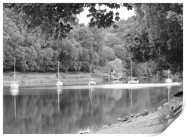 Reflection of yachts in water at Rudyard lake. Print by Andrew Heaps