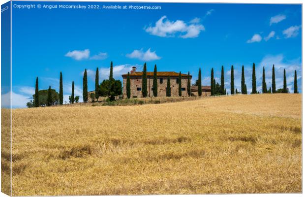 Tuscan stone farmhouse with cypress trees Canvas Print by Angus McComiskey