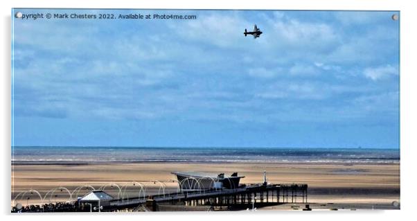 Lancaster flying over Southport pier. Acrylic by Mark Chesters