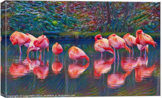 Fine art portrait of a pack of American flamingos. Canvas Print by Luigi Petro