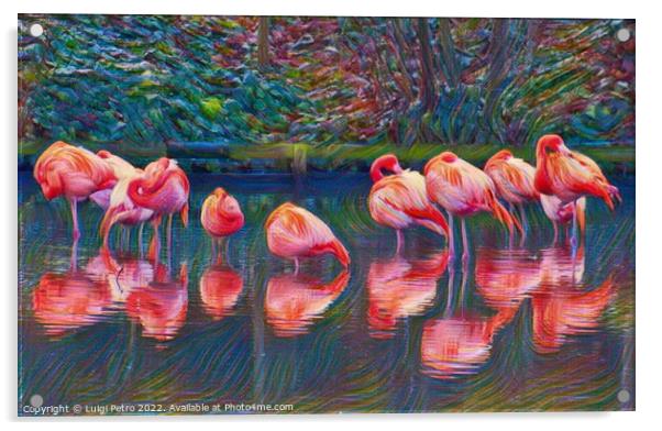Fine art portrait of a pack of American flamingos. Acrylic by Luigi Petro